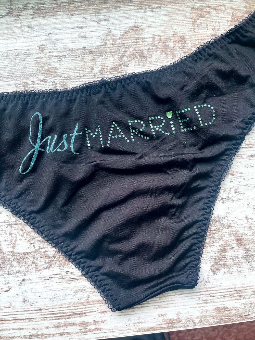 VS Ruffle Black 'Just Married' Rhinestone Bikini Panty Medium